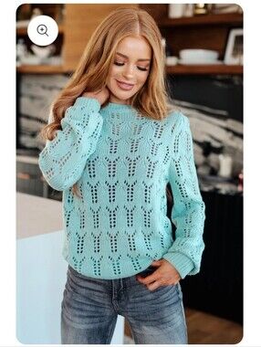 One Eleven North Hole In One Sheer Pointelle Knit Sweater Mint Green Soft Size L